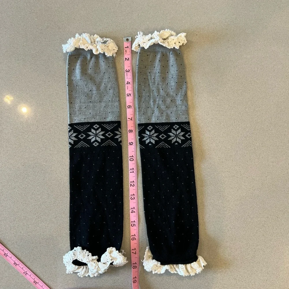 Black and Gray Knit Leg Warmers with Ruffle Trim